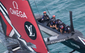 Peter Burling at the helm as Team New Zealand race to victory over Artemis. America's Cup Bermuda 2017.