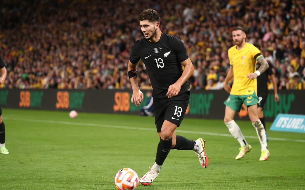 Liberato Cacace of the Allwhites in action during the Australia Socceroos v New Zealand All Whites International Football match at Suncorp Stadium, Brisbane, Australia on Thursday 22 September 2022.
© Copyright photo: Jason O’Brien / www.photosport.nz