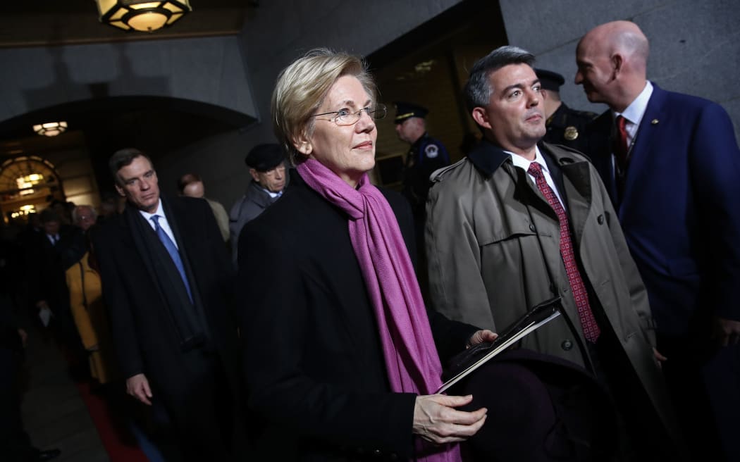Democratic Party Senator Elizabeth Warren prepares to speak at the women's rights protest march in Washington DC.