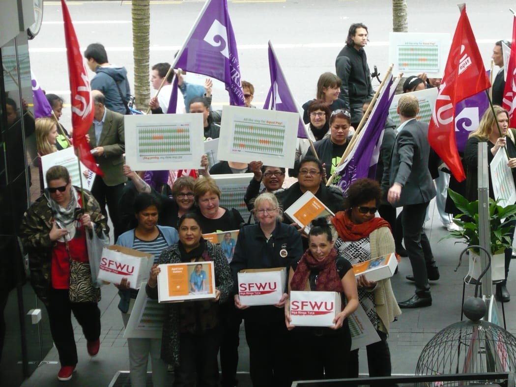 Aged care workers and union member presented a petition to the Employment Relations Authority in Auckland.