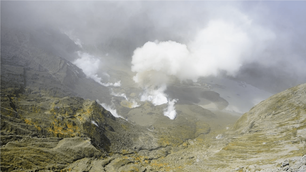 View on 16 November 2020 of steam, gas and ash emission from the 2019 primary vent area of the Whakaari/White Island crater.