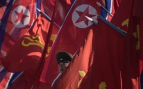 A Korean People's Army (KPA) soldier stands between flags in Pyongyang
