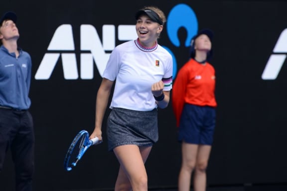 Amanda Anisimova of USA gestures after winning her Australian Open 2019 Women's Singles match against Aryna Sabalenka of Belarus on January 18, 2019.