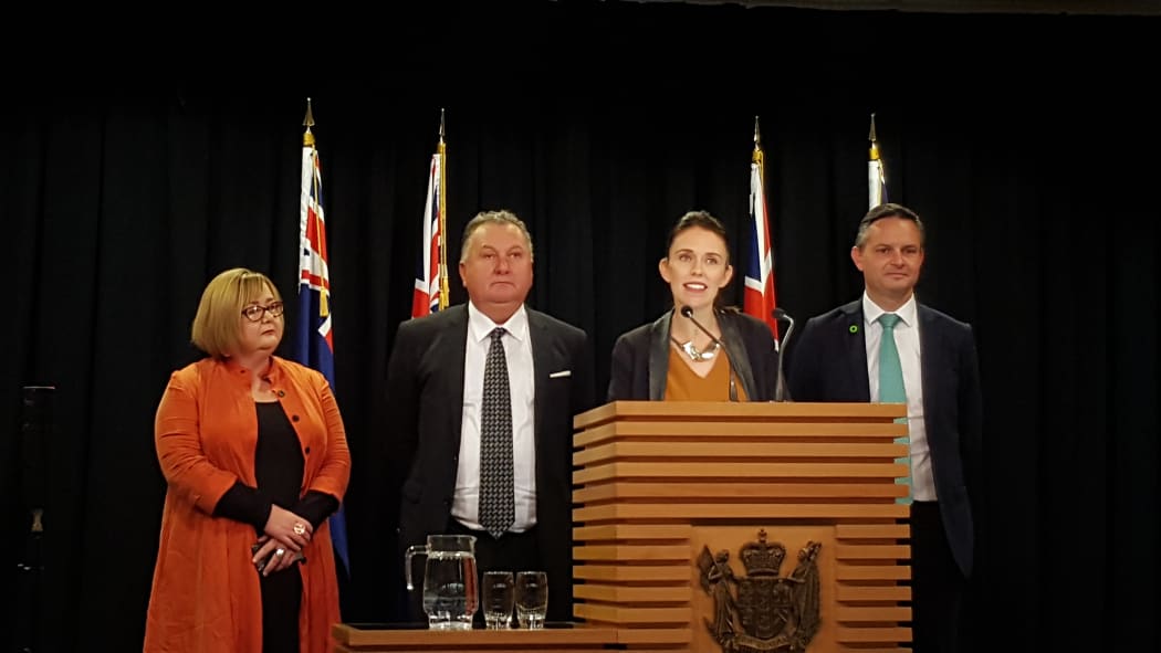 Prime Minister Jacinda Ardern, flanked by Energy and Resources Minister Megan Woods, Regional Development Minister Shane Jones, and Climate Change Minister James Shaw, answers questions about the government's stance on oil and gas exploration.