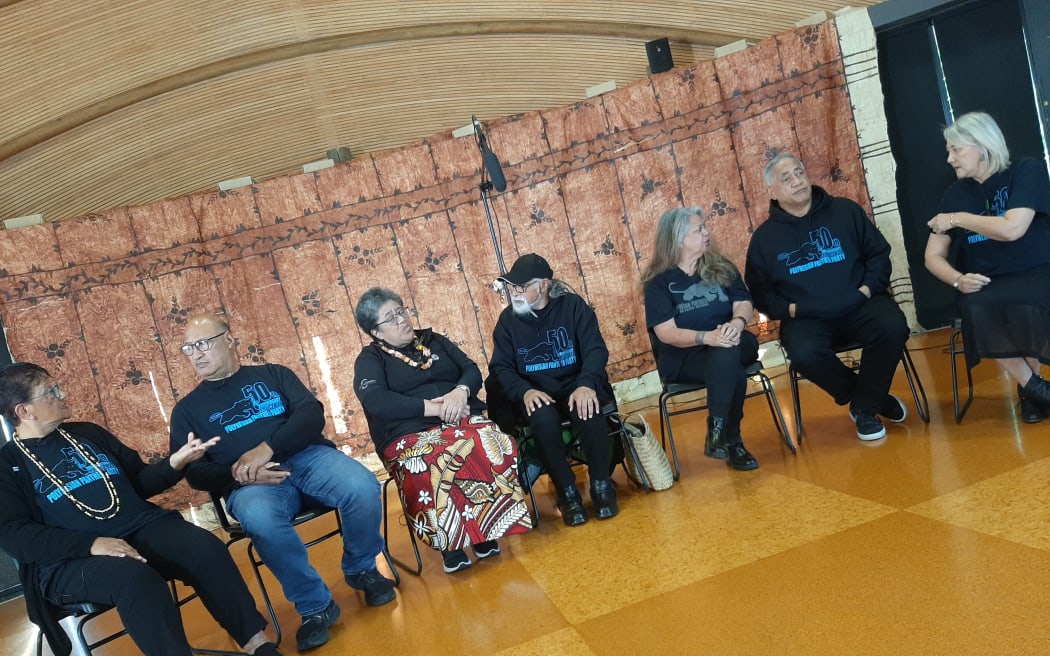 Members of the Polynesian Panthers gathered at the Auckland University Fale during the filming of 'How we made it to 50 years'.