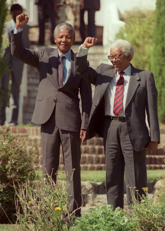 Nelson Mandela a day after his release from prison in February 1990 with ANC member Walter Sisulu.