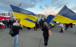 People at Ukraine war anniversary event in Wellington