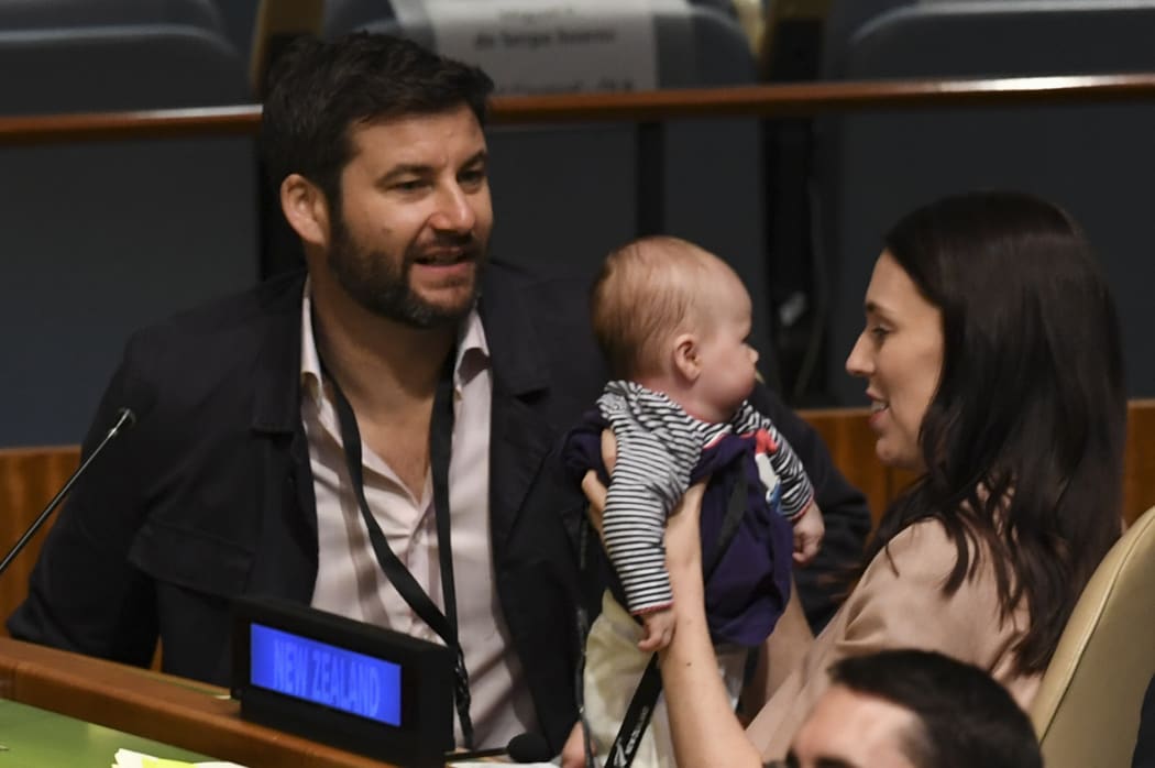Prime MInister Jacinda Ardern with  daughter Neve and partner Clarke Gayford during the Nelson Mandela Peace Summit at the UN in New York.