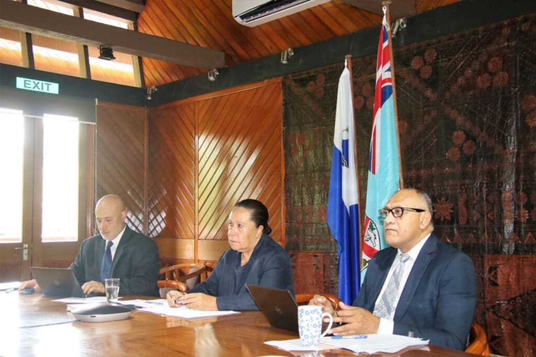Pacific Islands Forum Secretary-General Dame Meg Taylor (centre), her deputy Drl Filimon Manoni (right) and  PIFS' Political Issues Advisor Alifeleti Soakai make a submission via virtual conference toFiji's Standing Committee on Foreign Affairs and Defence.