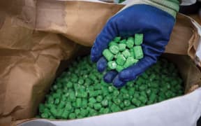 A gloved hand clutches bright green rat poison pellets from a large sack.