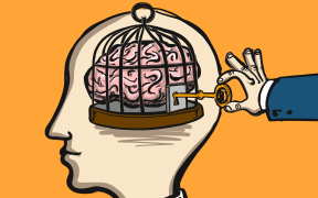 69425127 - opening mind - conceptual vector illustration of cage in head with brain inside and hand opening it with key