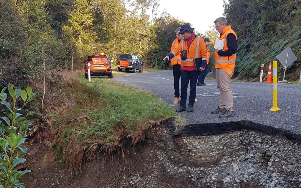 NZTA engineers inspect damage on the Karamea road post February flooding