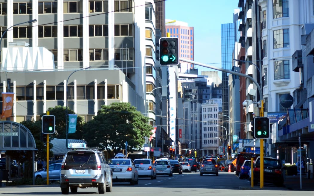 WELLINGTON - AUG 22 2014:Traffic on Featherston Street, in the  central business district of Wellington, the capital city of New Zealand.
