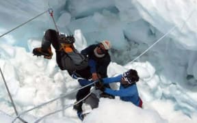 The rescue of a Sherpa after the Everest avalanche on Friday.
