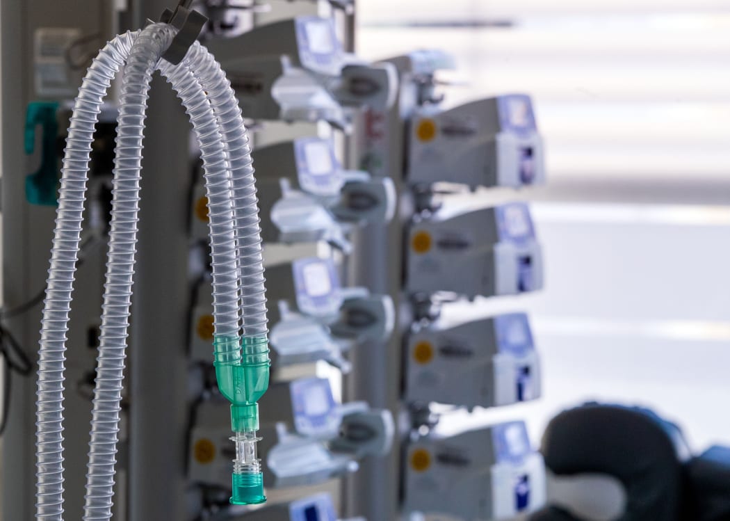 Tubes of a ventilator in an intensive care room of a clinic in Germany.