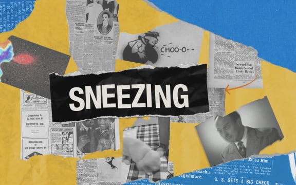 Title of Sneezing, and images of news articles and people sneezing.