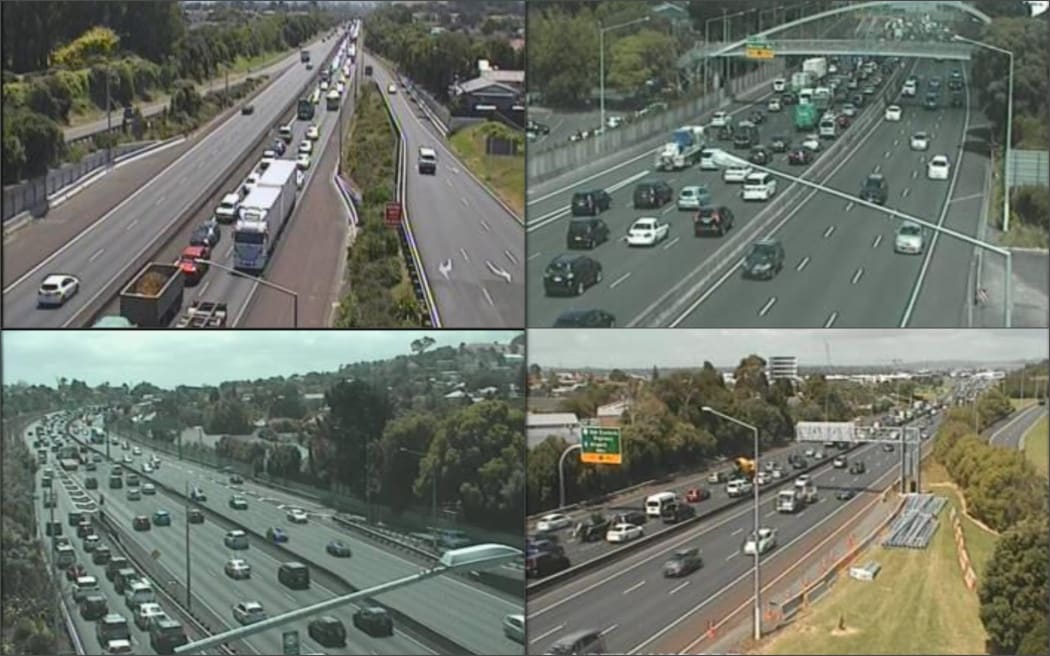 Traffic cams show slowing traffic just before 3pm. Clockwise from top left: SH20 Massey Road; southbound on SH1 Market Road; SH1 South Eastern Highway; SH1 Greenlane interchange.