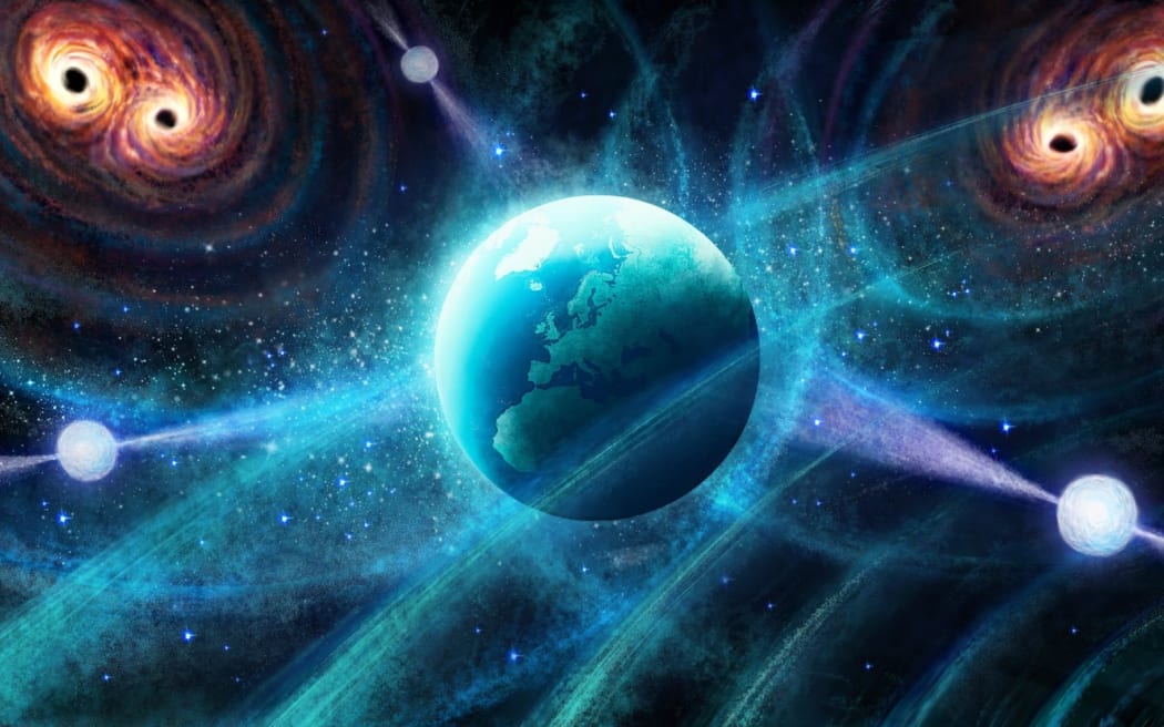 A concept illustration showing gravitational waves from colliding black holes reaching Earth.