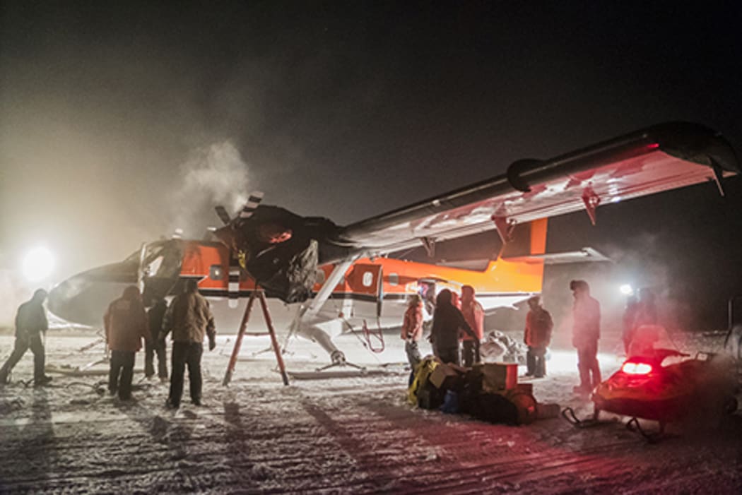 A Twin Otter aircraft on a medical evacuation flight on the ice at NSF's Amundsen-Scott South Pole Station.