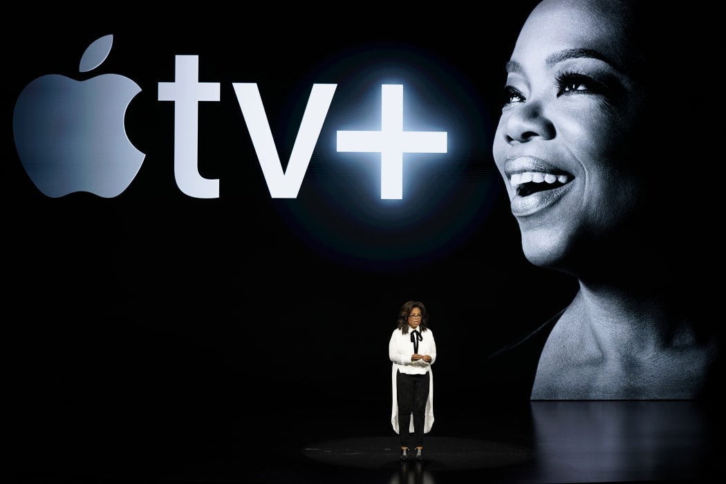 Oprah Winfrey speaks at the Steve Jobs Theatre during the announcement of Apple's new streaming service.