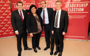 Labour leadership candidates talk to the media. (LR) Grant Robertson, Nanaia Mahuta, Andrew Little, and David Parker