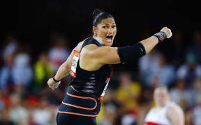 Dame Valerie Adams of New Zealand competes at the Women's Shot Put Final.