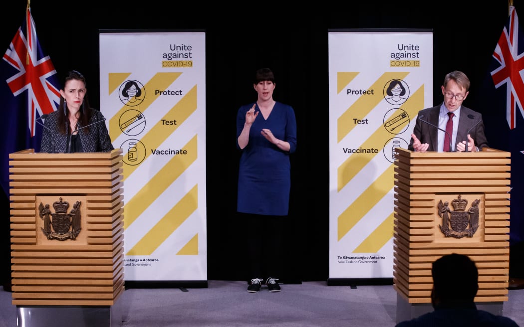 Prime Minister Jacinda Ardern and Director General of Health Dr Ashley Bloomfield update the Covid-19 situation at the daily 1pm press conference in the Beehive Theatrette.