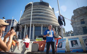 Anti-vaccine, anti-mandate protest in Wellington on Parliament grounds on ninth day - 16 February 2022.