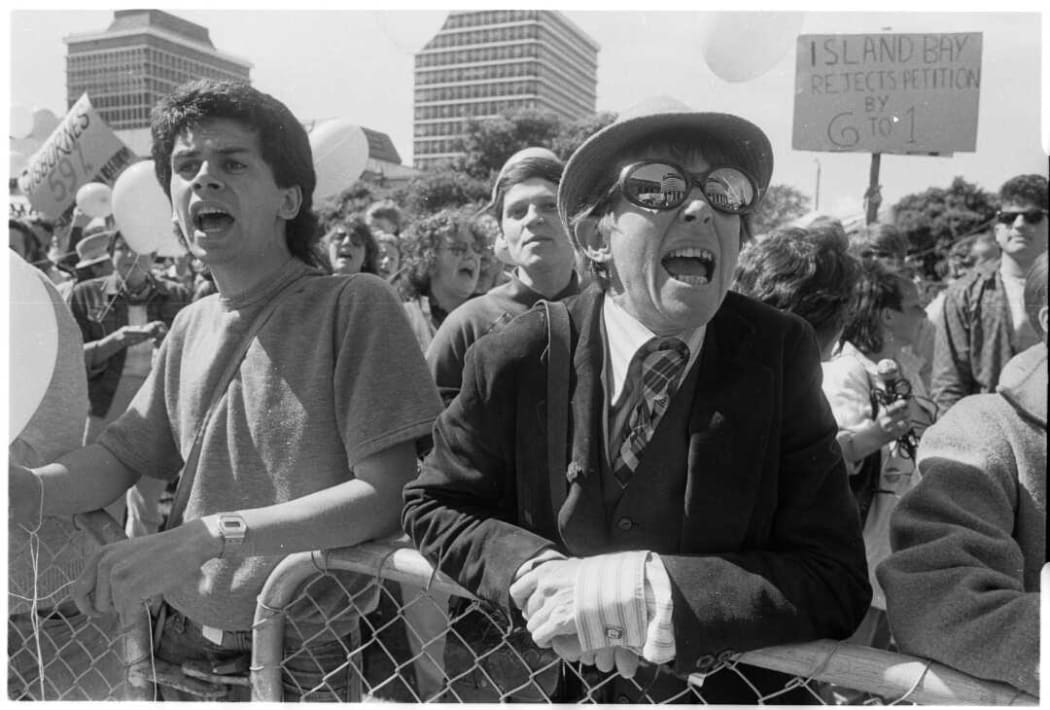 Supporters of the Homosexual Law Reform Bill protest a petition opposing it, outside Parliament on 24 September, 1985.