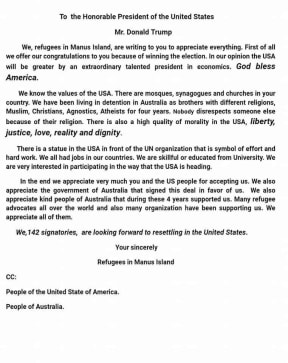 Manus refugees' letter to President Trump.