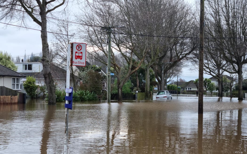 Flooding at the intersection of Bellbrook Crescent and Emmett Street in Shirley, Christchurch.
