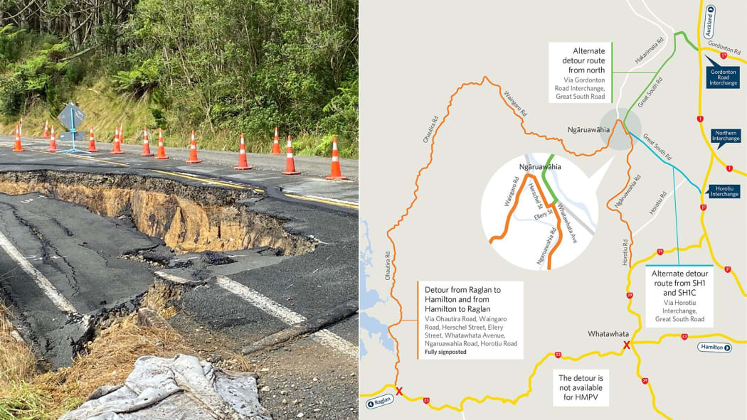 A photo of damage to the state highway shows cracking and slumping in the road with road cones around it. It is next to a diagram of road detours in place following the road closure.