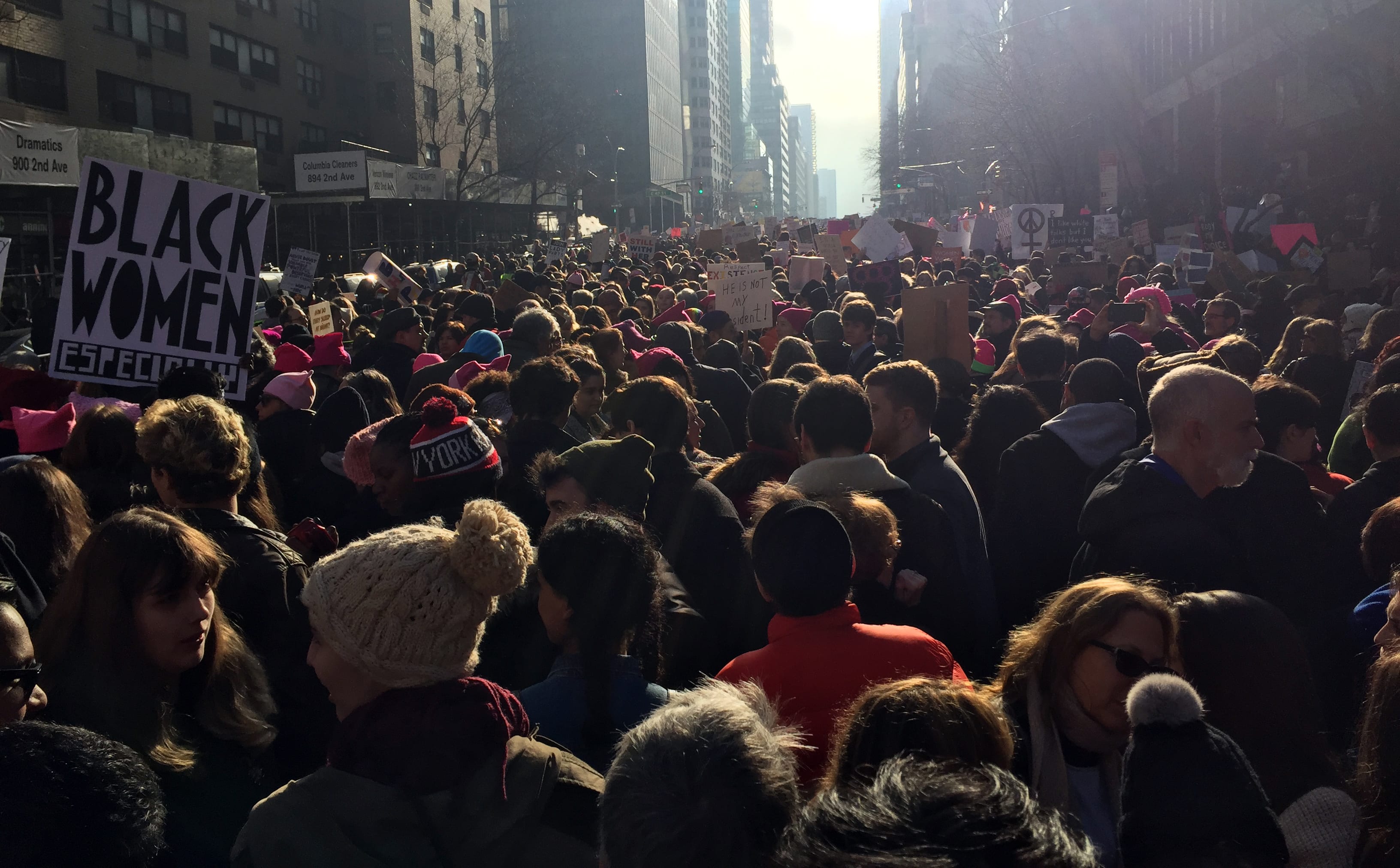 Protesters march in New York during the Women's March on January 21, 2017.