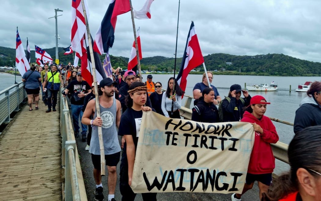 人们在怀唐伊举着“Honour Te Tiriti o Waitangi”的标语。