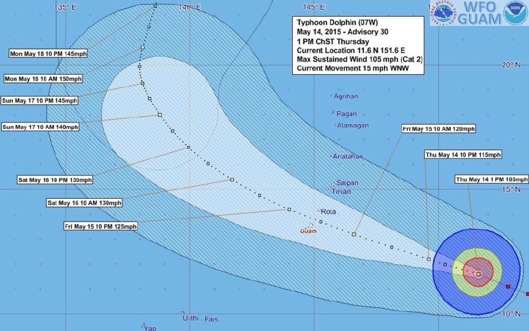 The Forecast Track and Uncertainty Graphic for Typhoon Dolphin, which is heading towards Guam