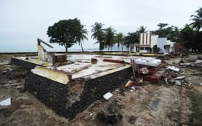 This general view shows only the leftover foundation of a building at the Mutiara Carita Cottages in Carita in Banten province on December 24, 2018, two days after a tsunami - caused by activity at a volcano known as the "child" of Krakatoa - hit the west coast of Indonesia's Java island.  AFP