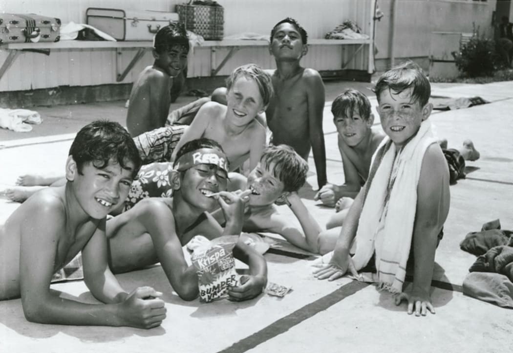 Māori and Pakeha boys at school swimming pool, Auckland, 1970.