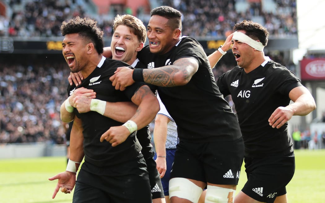 Ardie Savea scores a try and celebrates with team mates Beauden Barrett and Shannon Frizell and Anton Lienert-Brown in the Bledisloe Cup test match at Eden Park, Auckland, New Zealand. Sunday 18 October 2020