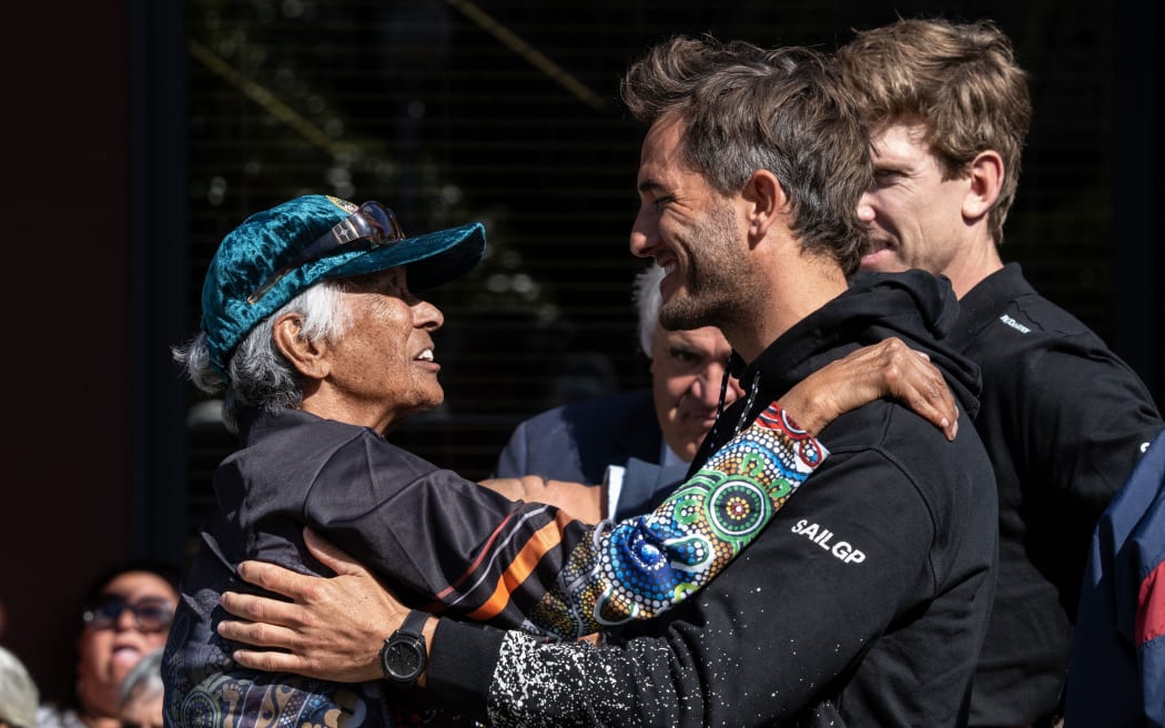 New Zealand Sail GP co-CEO Blair Tuke greets a member of Ngāti Wheke during a pōwhiri for the SailGP teams in Christchurch this week.
