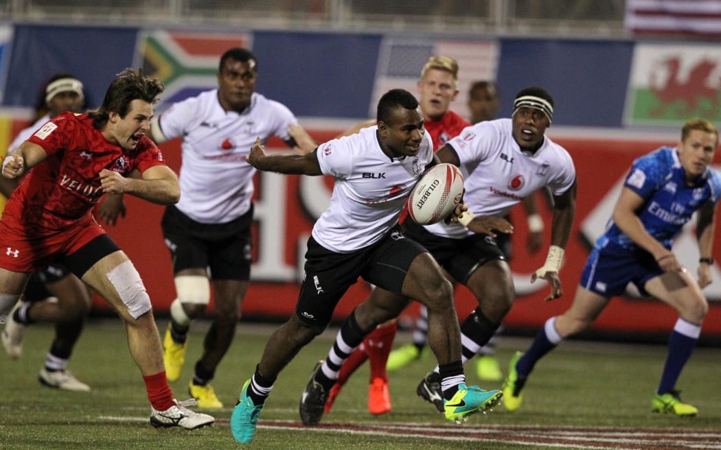 Jerry Tuwai breaks free during the USA Sevens in Las Vegas.
