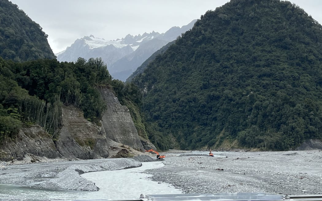 A view of protection bank from behind Scenic Circle hotel looking upstream towards Franz Josef Glacier township