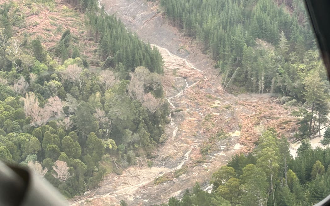 Flood damage as seen from the sky over Tokomaru Bay around the Mangahauini river.