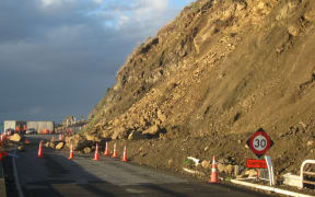 A rockfall on State Highway 1 between Pekata and Goose Bay.