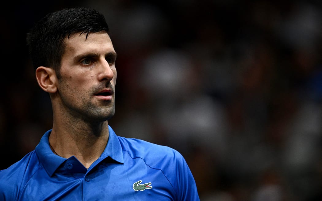Serbia's Novak Djokovic reacts during the men's singles final tennis match between Denmark's Holger Rune and Serbia's Novak Djokovic on day 7 of the ATP World Tour Masters 1000 - Paris Masters (Paris Bercy) - indoor tennis tournament at The AccorHotels Arena in Paris on November 6, 2022. (Photo by Christophe ARCHAMBAULT / AFP)