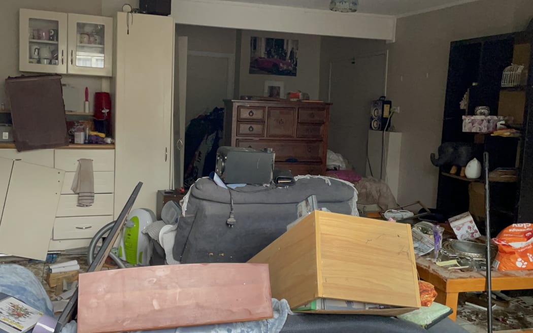 The granny flat at Annette Kennedy's West Auckland home after it was inundated by floodwaters on 27 January, 2023.
