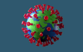 Planet earth illustrated as a coronavirus microbe, 3D Rendering on grey background with red protein spikes.