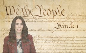 Jacinda Ardern superimposed over US Constitution