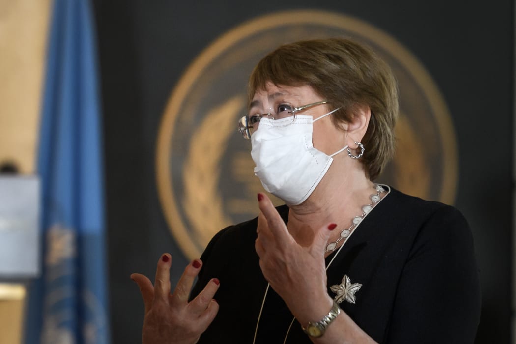 UN High Commissioner for Human Rights Michelle Bachelet wears a protective face mask as she attends 2020 World Humanitarian Day.