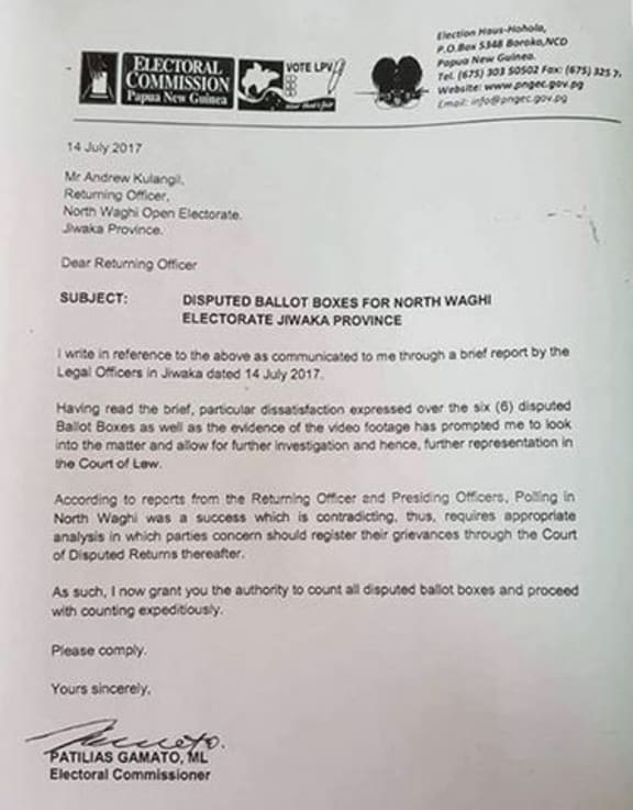 Letter from Papua New Guinea Electoral Commissioner Patilias Gamato reversing a decision to have a number of ballot boxes discounted in North Waghi district.