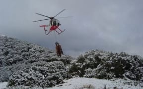 A helicopter collecting feral deer in Fiordland National Park.